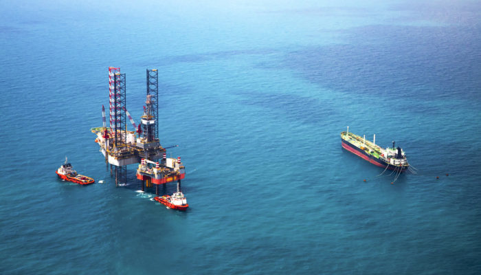 Oil rig in the gulf from aerial view