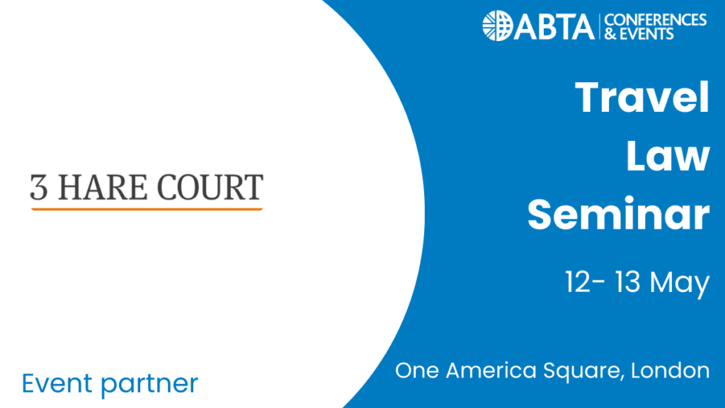 Logo advertising the ABTA Travel Law Seminar on the 12-13 May. 3 Hare court logo showing as an event partner.